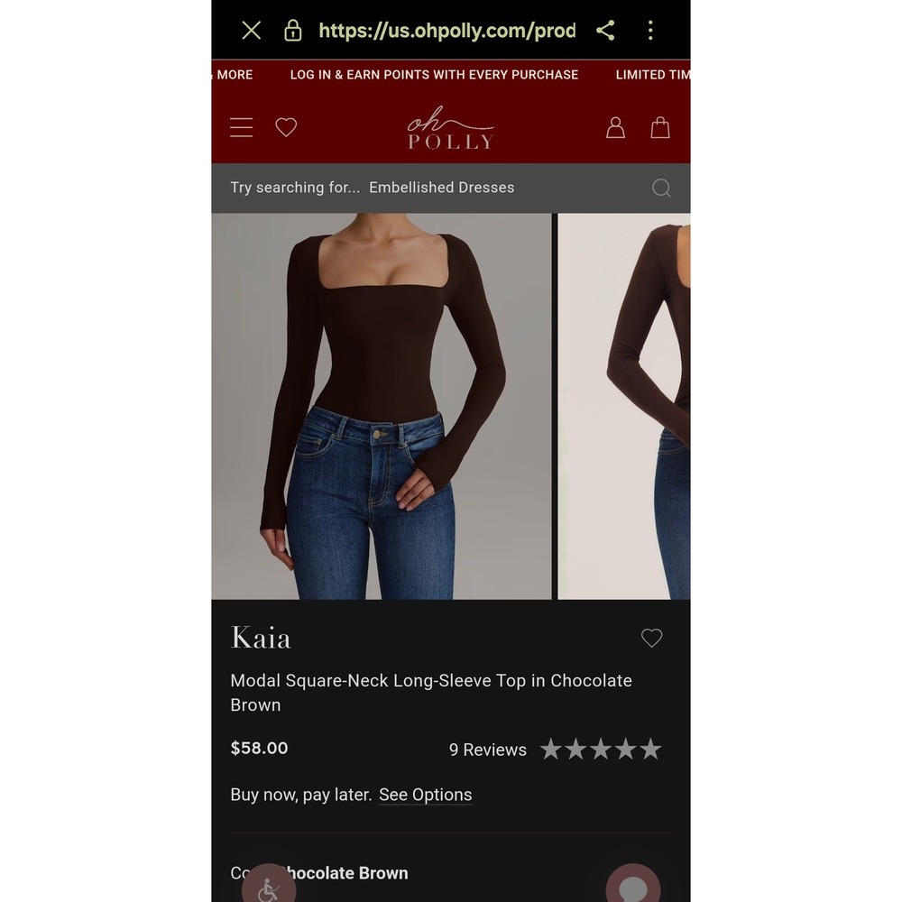NWT Oh Polly Kaia Modal Square-Neck Long-Sleeve Top in Chocolate Brown Medium - Picture 6 of 9